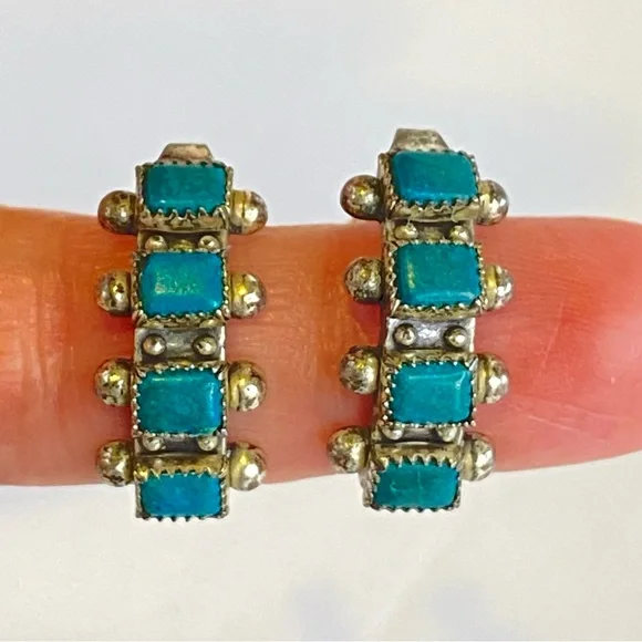 Vintage Sterling Silver Turquoise Screw Back Earrings Hoop Southwestern Native - Picture 6 of 13
